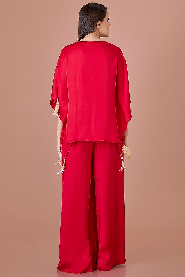 Red Blended Satin Jumpsuit With Kaftan by Dilnaz Karbhary at Pernia's Pop Up Shop