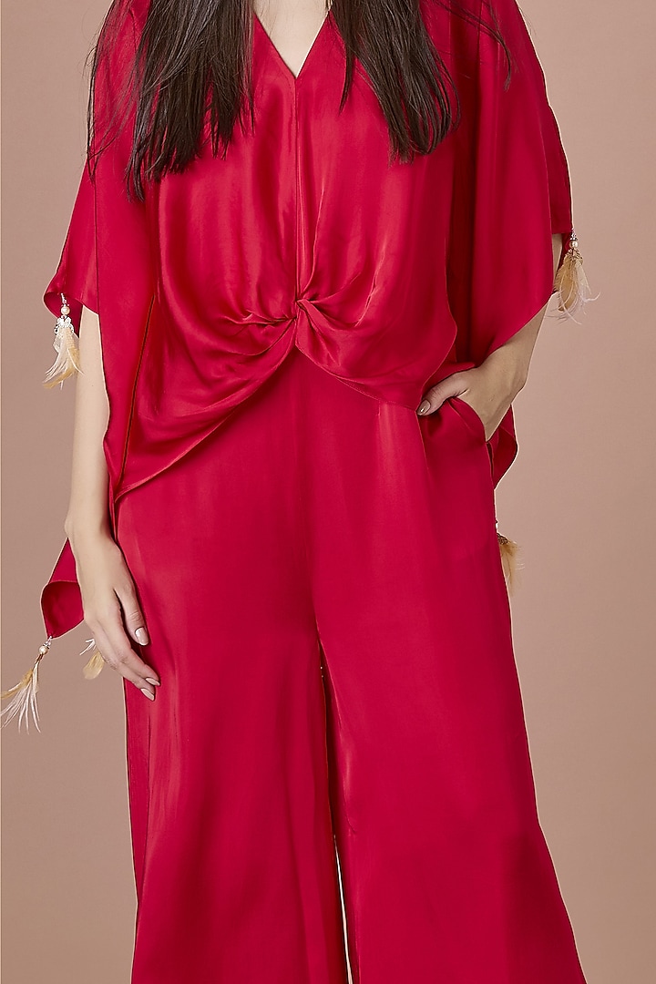 Red Blended Satin Jumpsuit With Kaftan by Dilnaz Karbhary at Pernia's Pop Up Shop