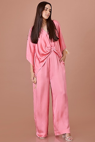 Rose Pink Blended Satin Jumpsuit With Kaftan by Dilnaz Karbhary