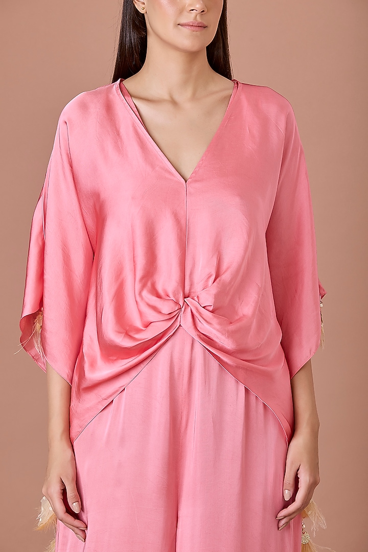 Rose Pink Blended Satin Jumpsuit With Kaftan by Dilnaz Karbhary at Pernia's Pop Up Shop