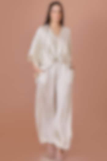 Champagne Blended Satin & Net Jumpsuit With Kaftan by Dilnaz Karbhary at Pernia's Pop Up Shop