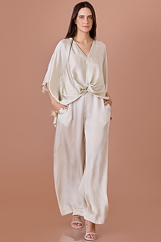 Champagne Blended Satin & Net Jumpsuit With Kaftan by Dilnaz Karbhary