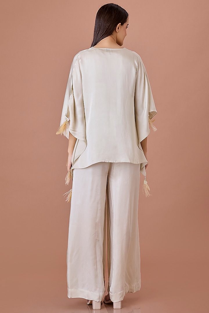 Champagne Blended Satin & Net Jumpsuit With Kaftan by Dilnaz Karbhary at Pernia's Pop Up Shop