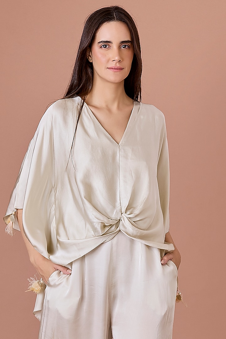 Champagne Blended Satin & Net Jumpsuit With Kaftan by Dilnaz Karbhary at Pernia's Pop Up Shop