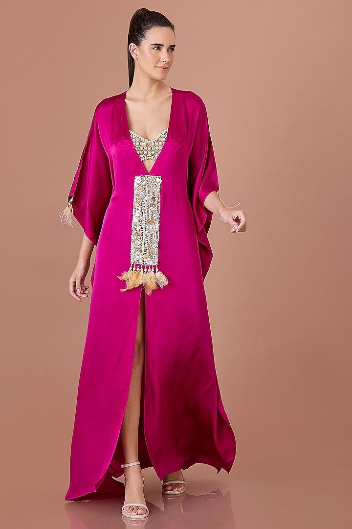 Jamun-Colored Blended Satin Hand Embroidered Kaftan by Dilnaz Karbhary at Pernia's Pop Up Shop