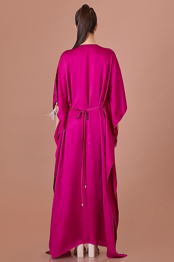 Jamun-Colored Blended Satin Hand Embroidered Kaftan by Dilnaz Karbhary at Pernia's Pop Up Shop