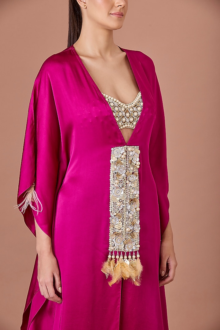 Jamun-Colored Blended Satin Hand Embroidered Kaftan by Dilnaz Karbhary at Pernia's Pop Up Shop