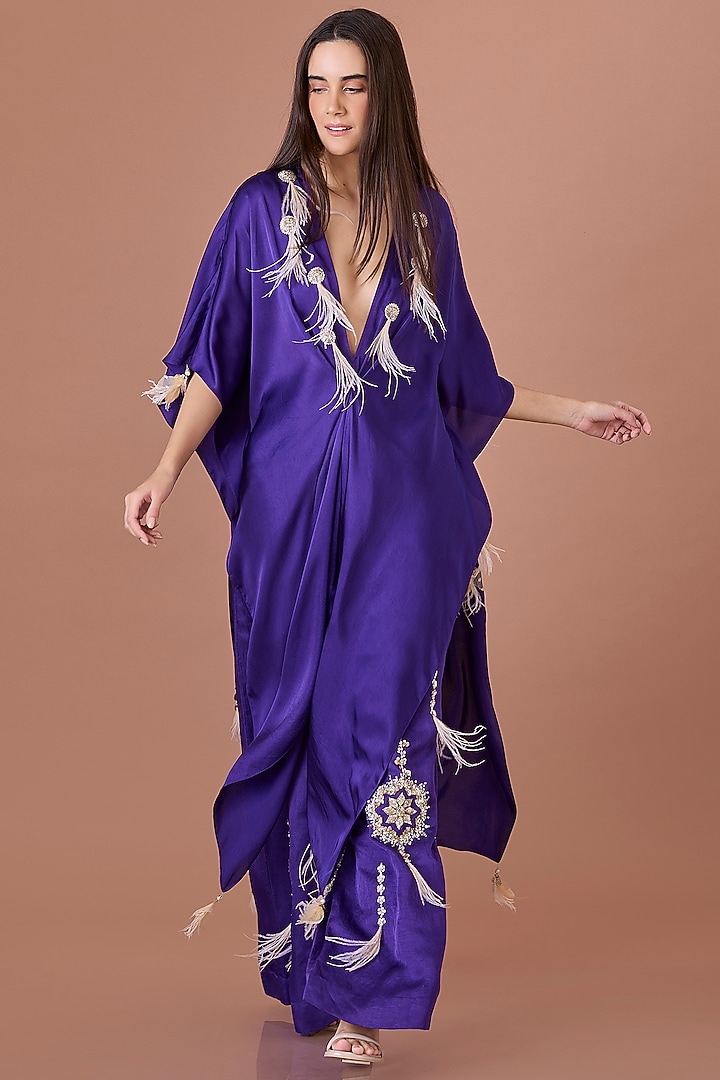 Purple Blended Satin Hand Embroidered Long Kaftan by Dilnaz Karbhary at Pernia's Pop Up Shop