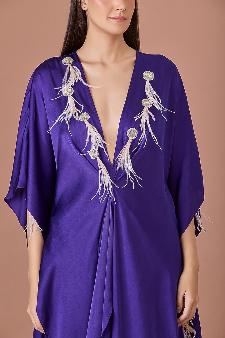 Purple Blended Satin Hand Embroidered Long Kaftan by Dilnaz Karbhary at Pernia's Pop Up Shop