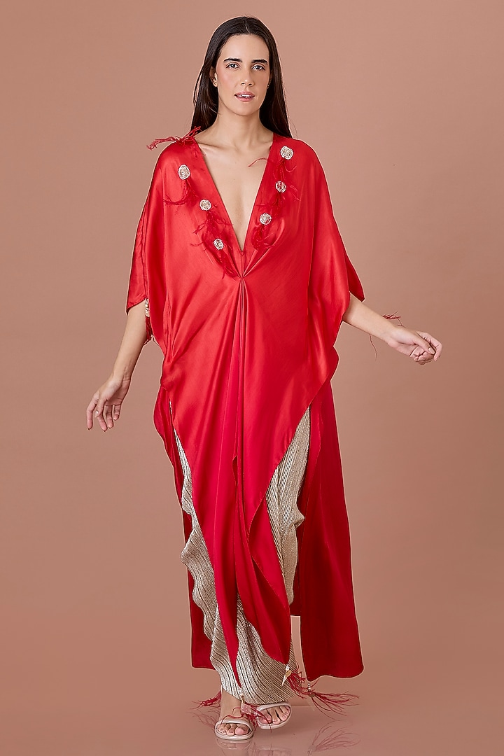 Orange-Red Shaded Blended Satin Kaftan by Dilnaz Karbhary at Pernia's Pop Up Shop
