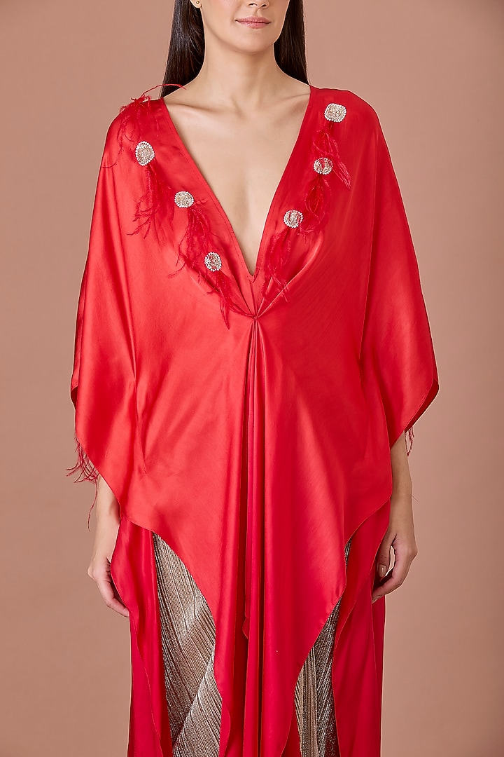 Orange-Red Shaded Blended Satin Kaftan by Dilnaz Karbhary at Pernia's Pop Up Shop