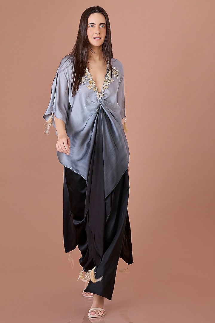 Grey-Black Shaded Blended Satin Kaftan by Dilnaz Karbhary at Pernia's Pop Up Shop