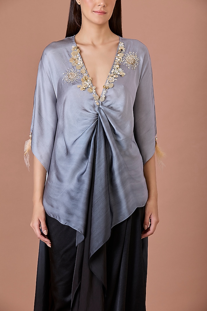 Grey-Black Shaded Blended Satin Kaftan by Dilnaz Karbhary at Pernia's Pop Up Shop