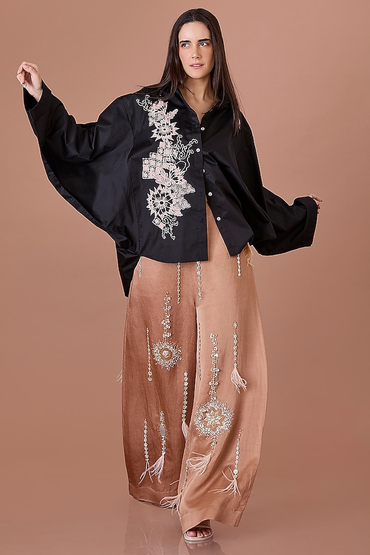 Black Blended Cotton Thread Embroidered Batwing Shirt by Dilnaz Karbhary at Pernia's Pop Up Shop