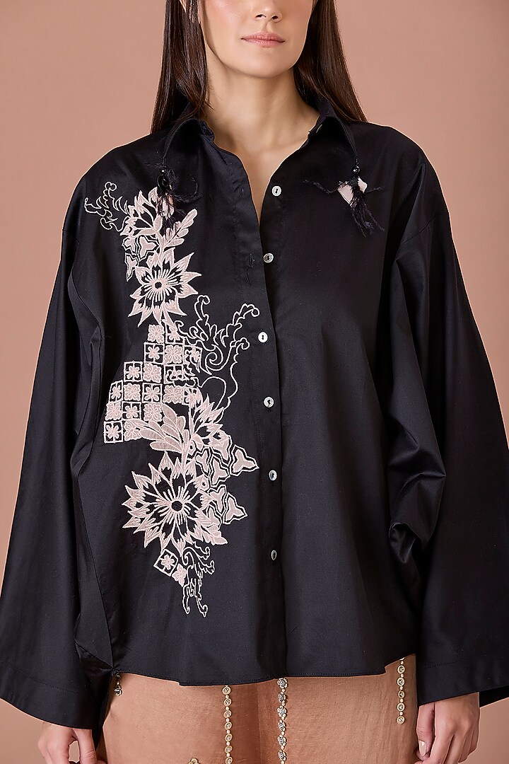 Black Blended Cotton Thread Embroidered Batwing Shirt by Dilnaz Karbhary at Pernia's Pop Up Shop