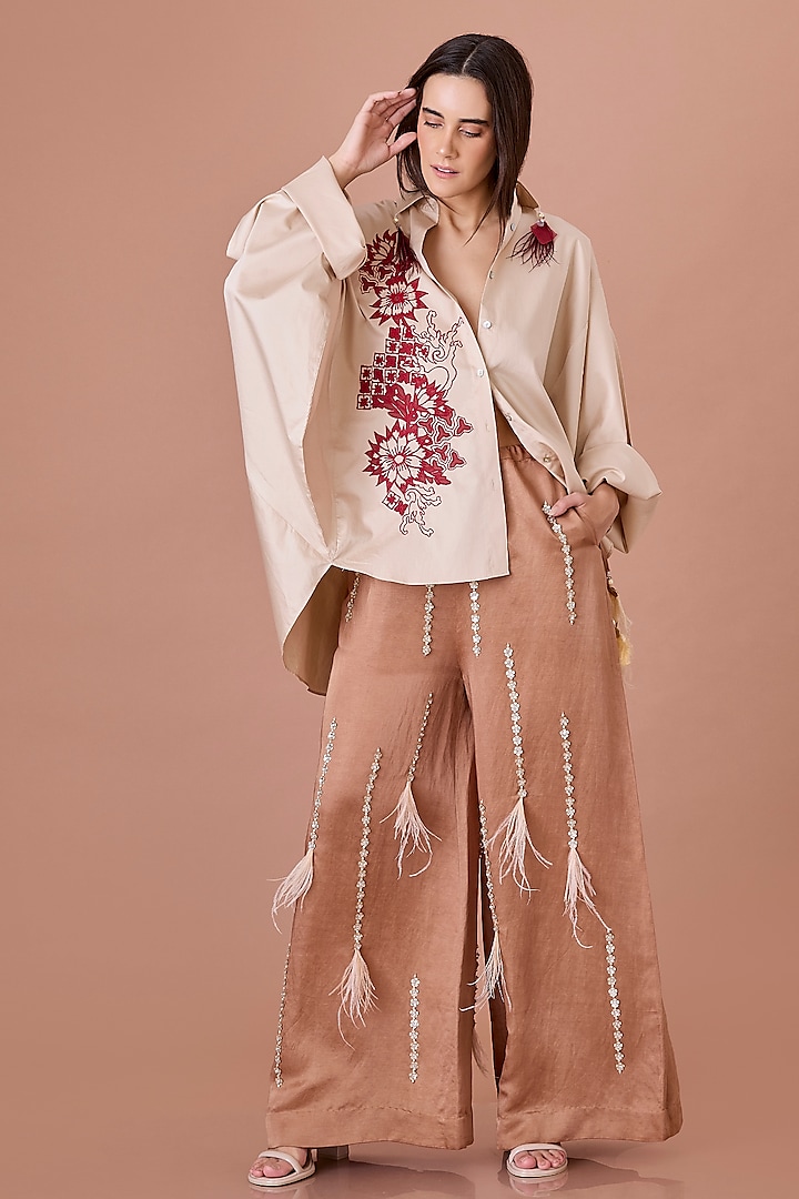 Beige Blended Cotton Thread Embroidered Batwing Shirt by Dilnaz Karbhary at Pernia's Pop Up Shop