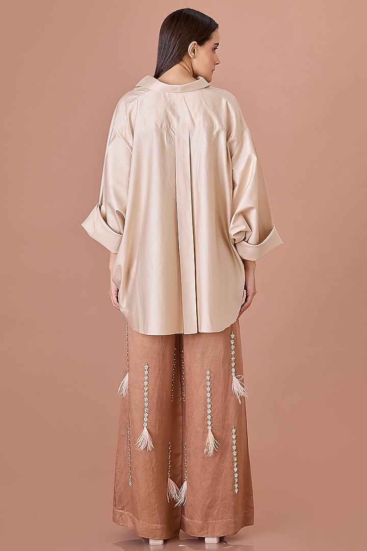 Beige Blended Cotton Thread Embroidered Batwing Shirt by Dilnaz Karbhary at Pernia's Pop Up Shop
