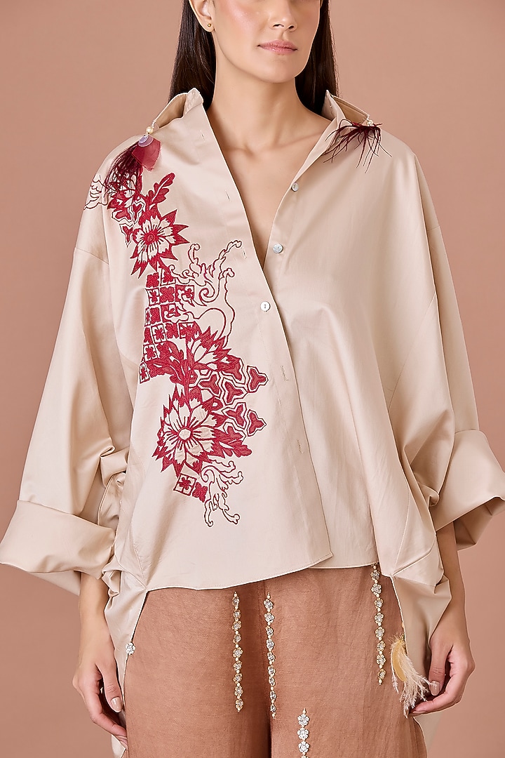 Beige Blended Cotton Thread Embroidered Batwing Shirt by Dilnaz Karbhary at Pernia's Pop Up Shop