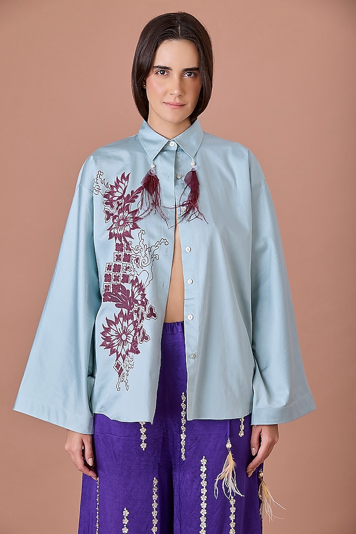 Jade Blended Cotton Thread Embroidered Batwing Shirt by Dilnaz Karbhary at Pernia's Pop Up Shop