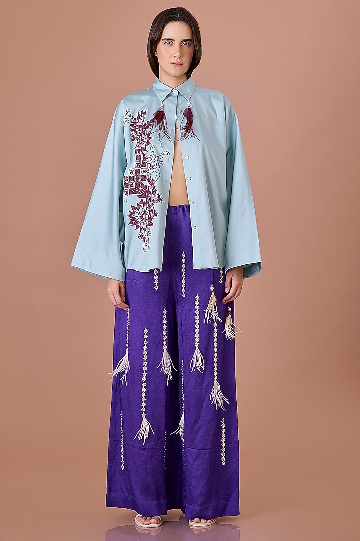 Jade Blended Cotton Thread Embroidered Batwing Shirt by Dilnaz Karbhary at Pernia's Pop Up Shop