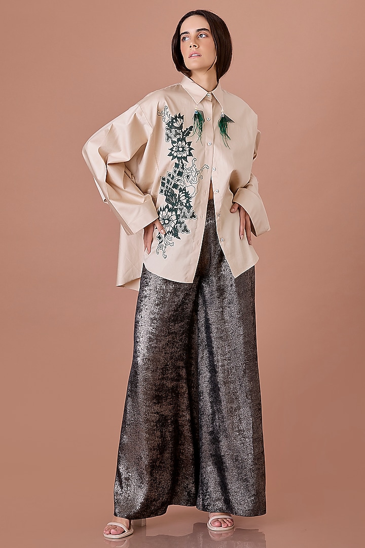 Beige Blended Cotton Thread Embroidered Batwing Shirt by Dilnaz Karbhary at Pernia's Pop Up Shop