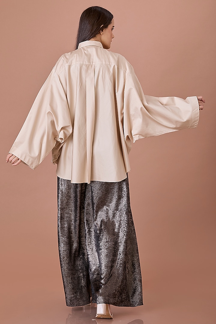 Beige Blended Cotton Thread Embroidered Batwing Shirt by Dilnaz Karbhary at Pernia's Pop Up Shop
