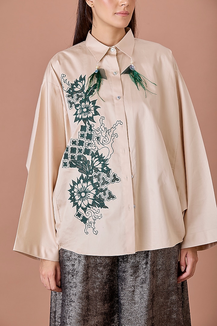 Beige Blended Cotton Thread Embroidered Batwing Shirt by Dilnaz Karbhary at Pernia's Pop Up Shop