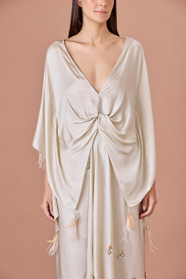 Champagne Blended Satin Draped Kaftan Set by Dilnaz Karbhary at Pernia's Pop Up Shop