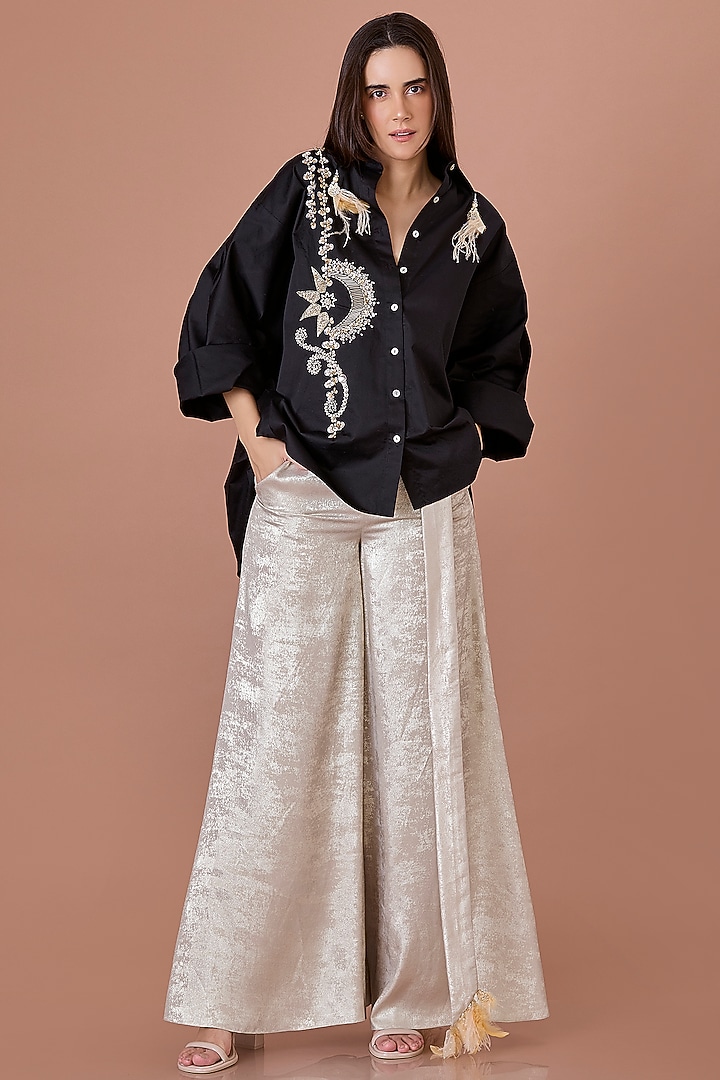 Black Cotton Hand Embroidered Batwing Shirt by Dilnaz Karbhary at Pernia's Pop Up Shop