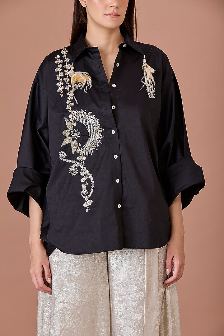 Black Cotton Hand Embroidered Batwing Shirt by Dilnaz Karbhary at Pernia's Pop Up Shop