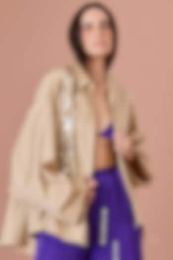 Khaki Cotton Hand Embroidered Batwing Shirt by Dilnaz Karbhary at Pernia's Pop Up Shop