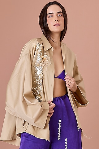 Khaki Cotton Hand Embroidered Batwing Shirt by Dilnaz Karbhary