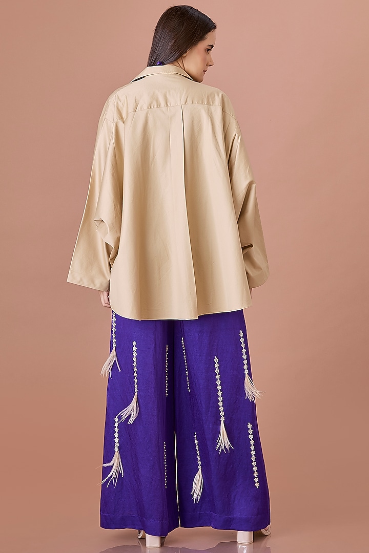 Khaki Cotton Hand Embroidered Batwing Shirt by Dilnaz Karbhary at Pernia's Pop Up Shop