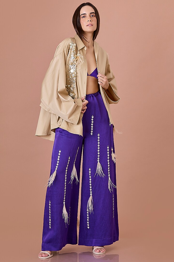 Khaki Cotton Hand Embroidered Batwing Shirt by Dilnaz Karbhary at Pernia's Pop Up Shop