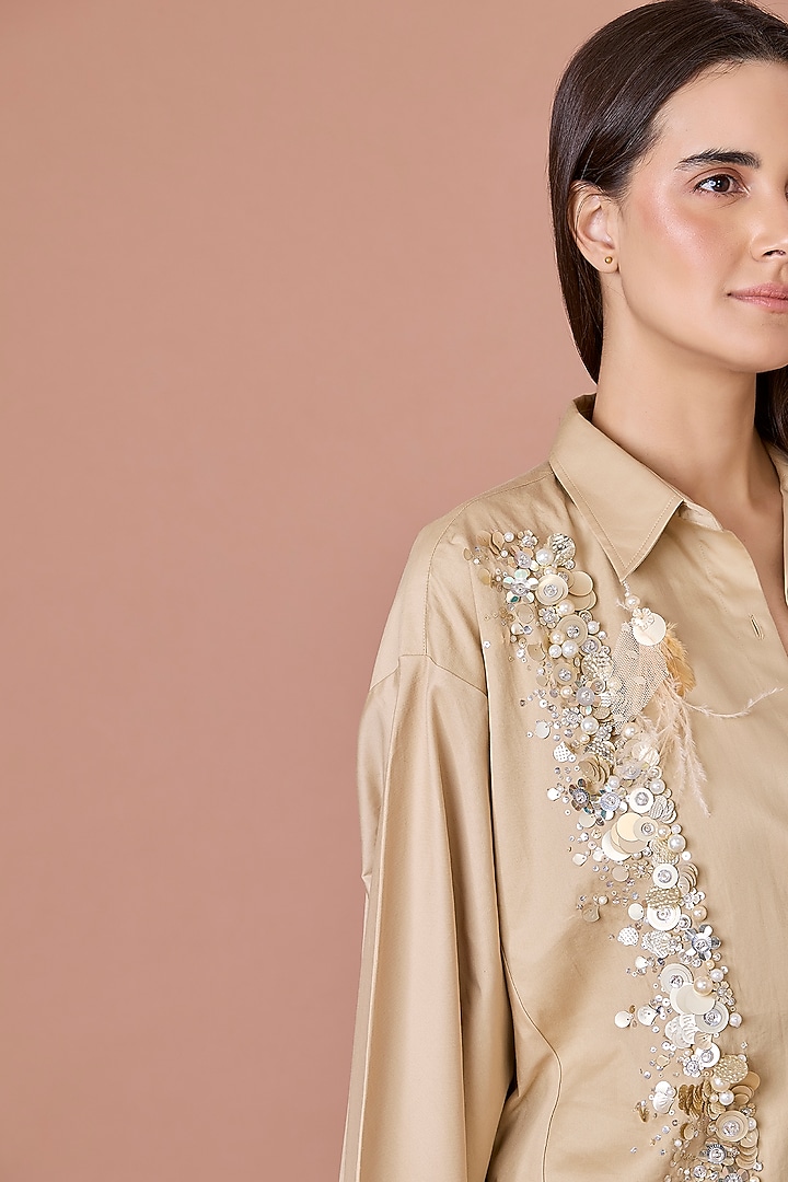 Khaki Cotton Hand Embroidered Batwing Shirt by Dilnaz Karbhary at Pernia's Pop Up Shop
