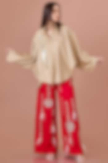 Khaki Cotton Hand Embroidered Batwing Shirt by Dilnaz Karbhary at Pernia's Pop Up Shop