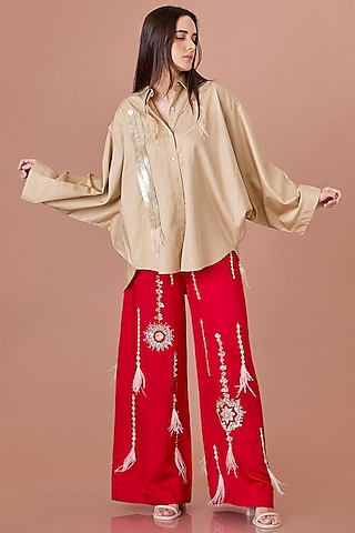 Khaki Cotton Hand Embroidered Batwing Shirt by Dilnaz Karbhary