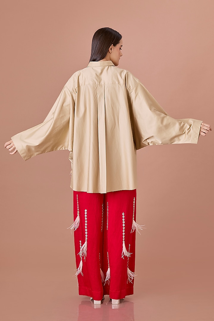 Khaki Cotton Hand Embroidered Batwing Shirt by Dilnaz Karbhary at Pernia's Pop Up Shop