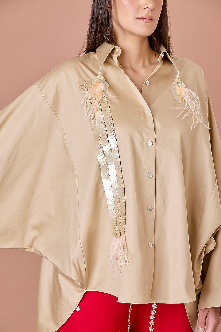 Khaki Cotton Hand Embroidered Batwing Shirt by Dilnaz Karbhary at Pernia's Pop Up Shop