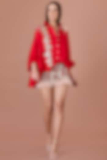 Red Cotton Hand Embroidered Batwing Shirt by Dilnaz Karbhary at Pernia's Pop Up Shop
