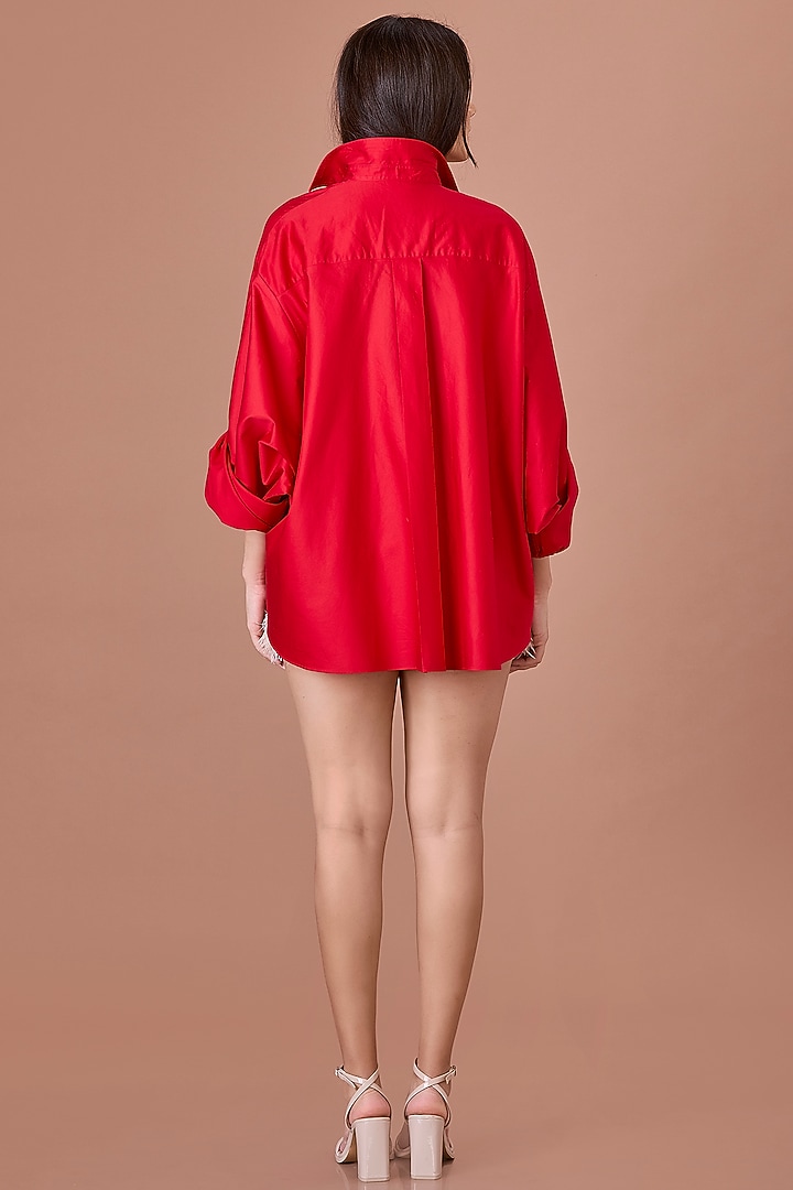 Red Cotton Hand Embroidered Batwing Shirt by Dilnaz Karbhary at Pernia's Pop Up Shop