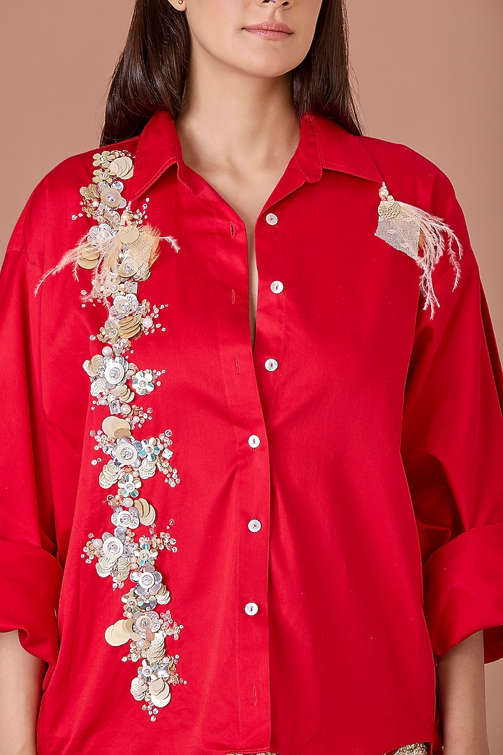Red Cotton Hand Embroidered Batwing Shirt by Dilnaz Karbhary at Pernia's Pop Up Shop
