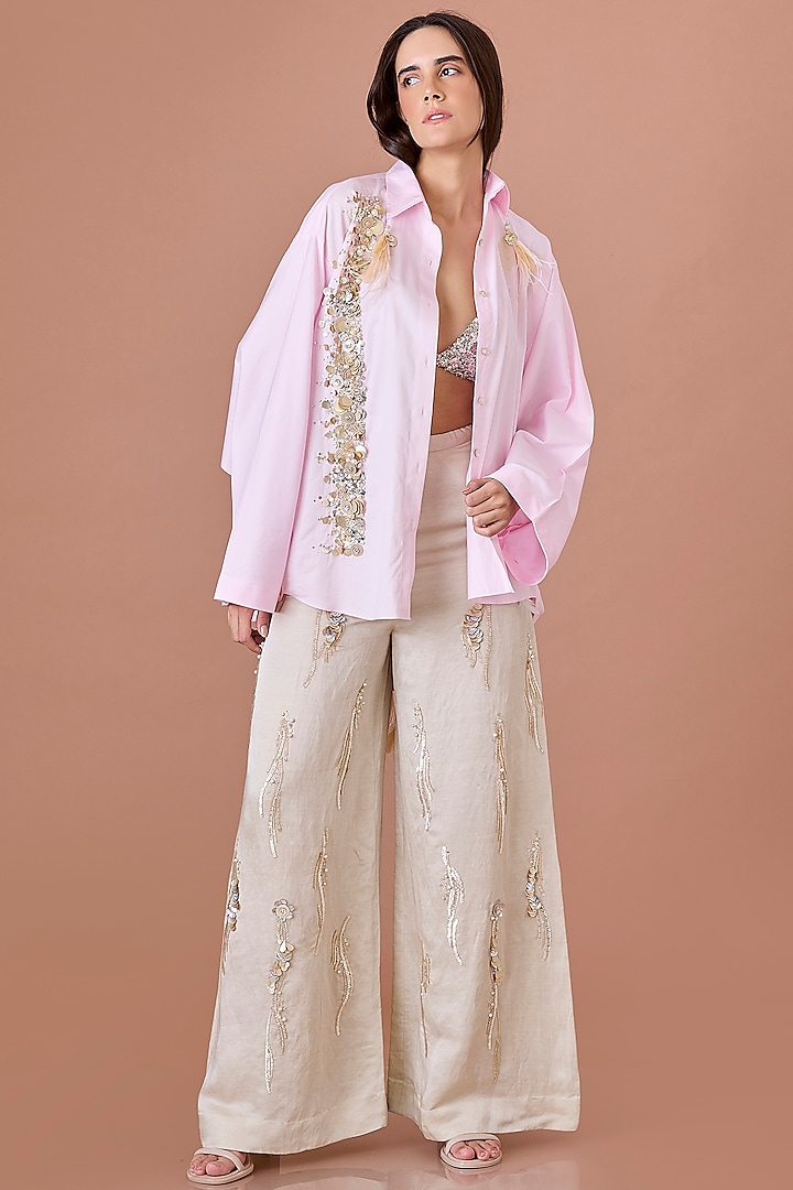 Light Pink Blended Cotton Hand Embroidered Batwing Shirt by Dilnaz Karbhary at Pernia's Pop Up Shop