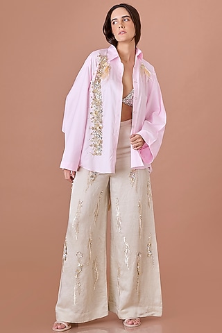 Light Pink Blended Cotton Hand Embroidered Batwing Shirt by Dilnaz Karbhary