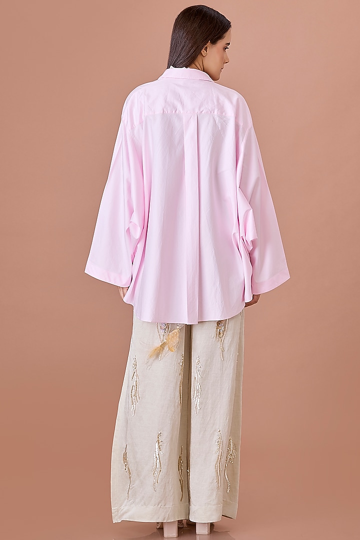 Light Pink Blended Cotton Hand Embroidered Batwing Shirt by Dilnaz Karbhary at Pernia's Pop Up Shop