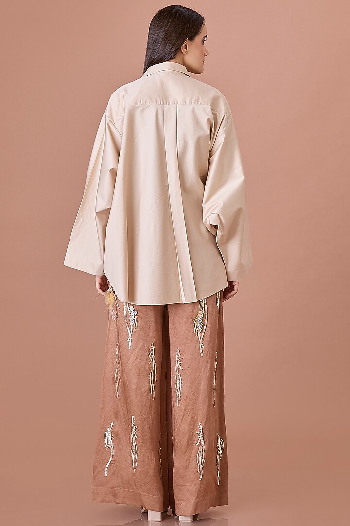 Beige Blended Cotton Hand Embroidered Batwing Shirt by Dilnaz Karbhary at Pernia's Pop Up Shop