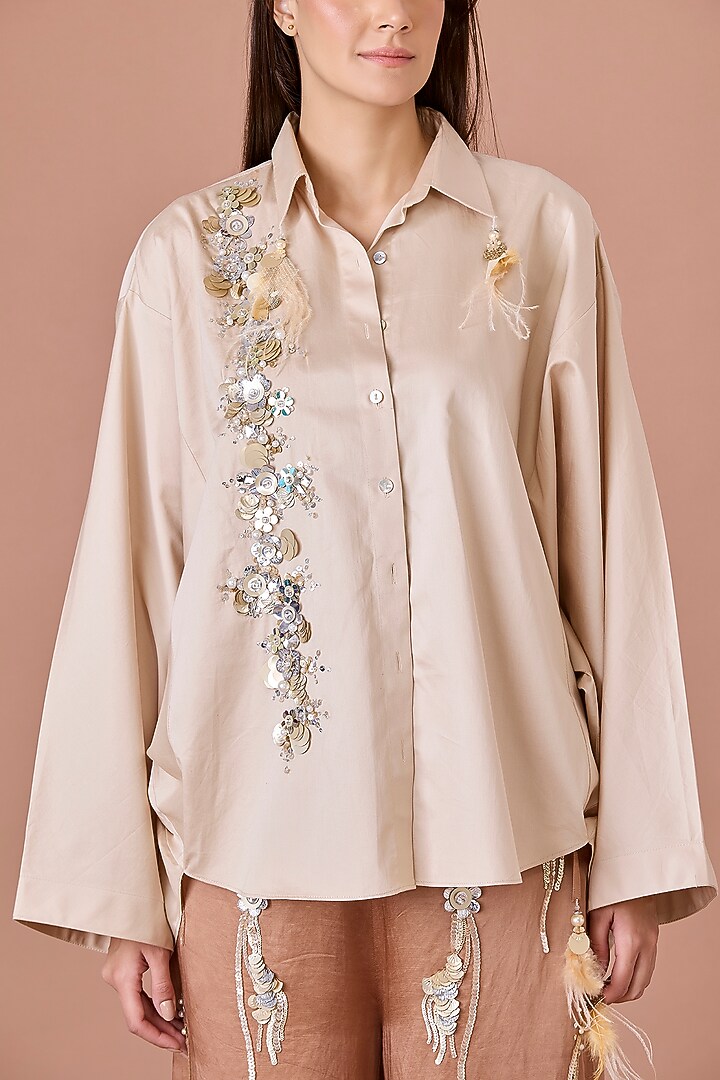 Beige Blended Cotton Hand Embroidered Batwing Shirt by Dilnaz Karbhary at Pernia's Pop Up Shop