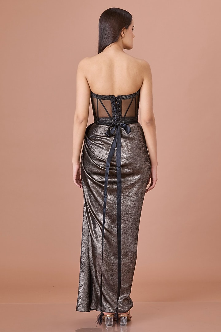 Black Foil Draped Skirt by Dilnaz Karbhary at Pernia's Pop Up Shop