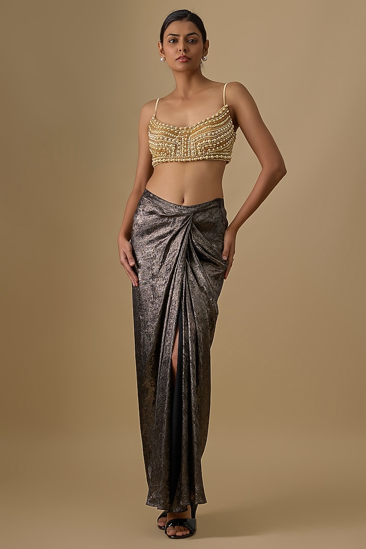 Black Blended Milano Foil Draped Skirt by Dilnaz Karbhary at Pernia's Pop Up Shop