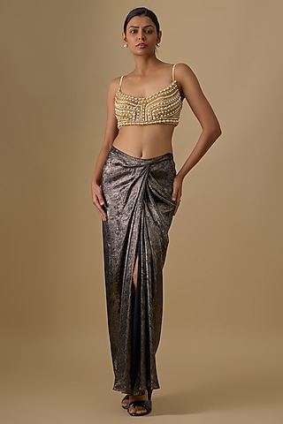 Black Blended Milano Foil Draped Skirt by Dilnaz Karbhary